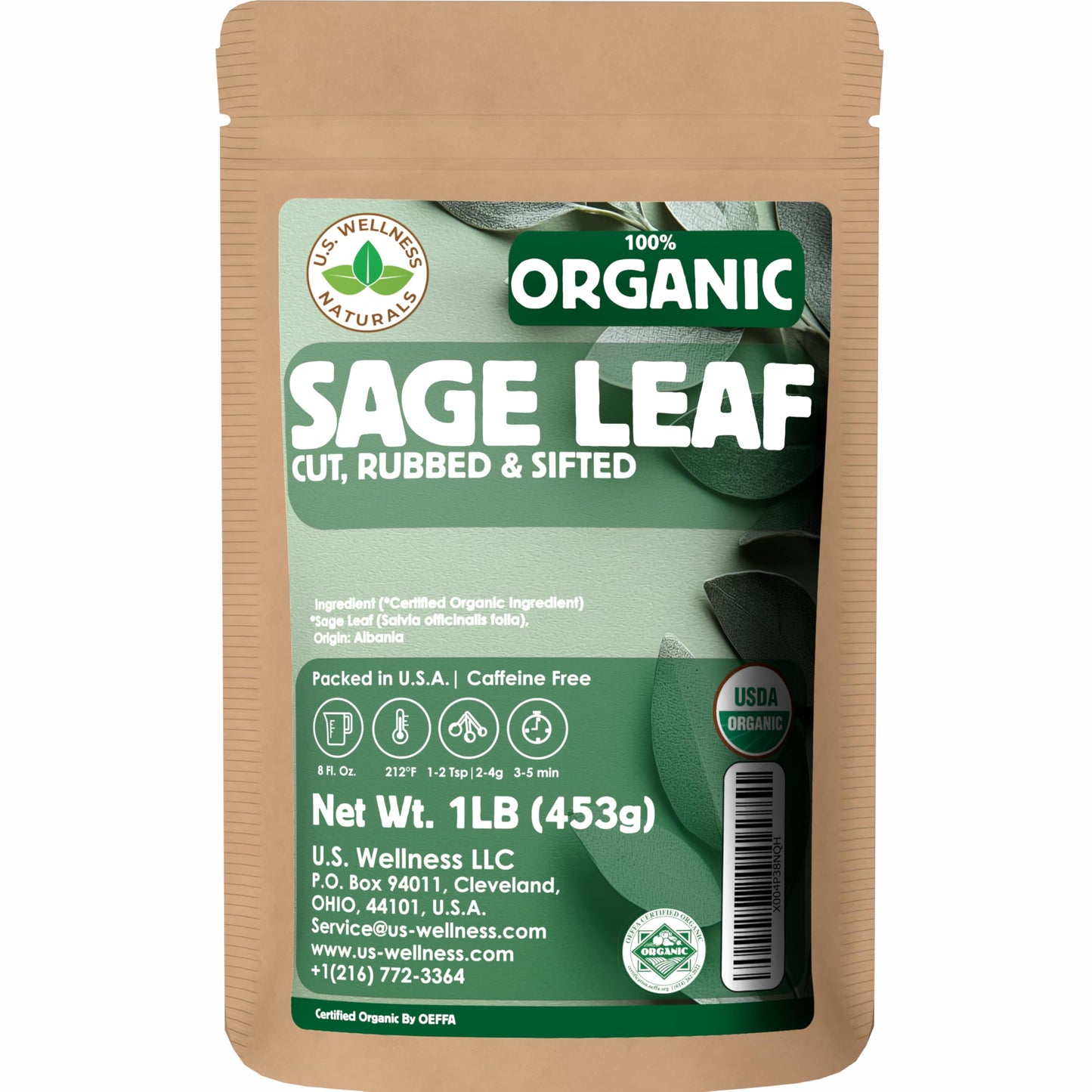 U.S. Wellness Naturals Organic Sage Leaf 1 Pound Cut and Sifted Loose Leaf Tea and Seasoning Albanian Origin
