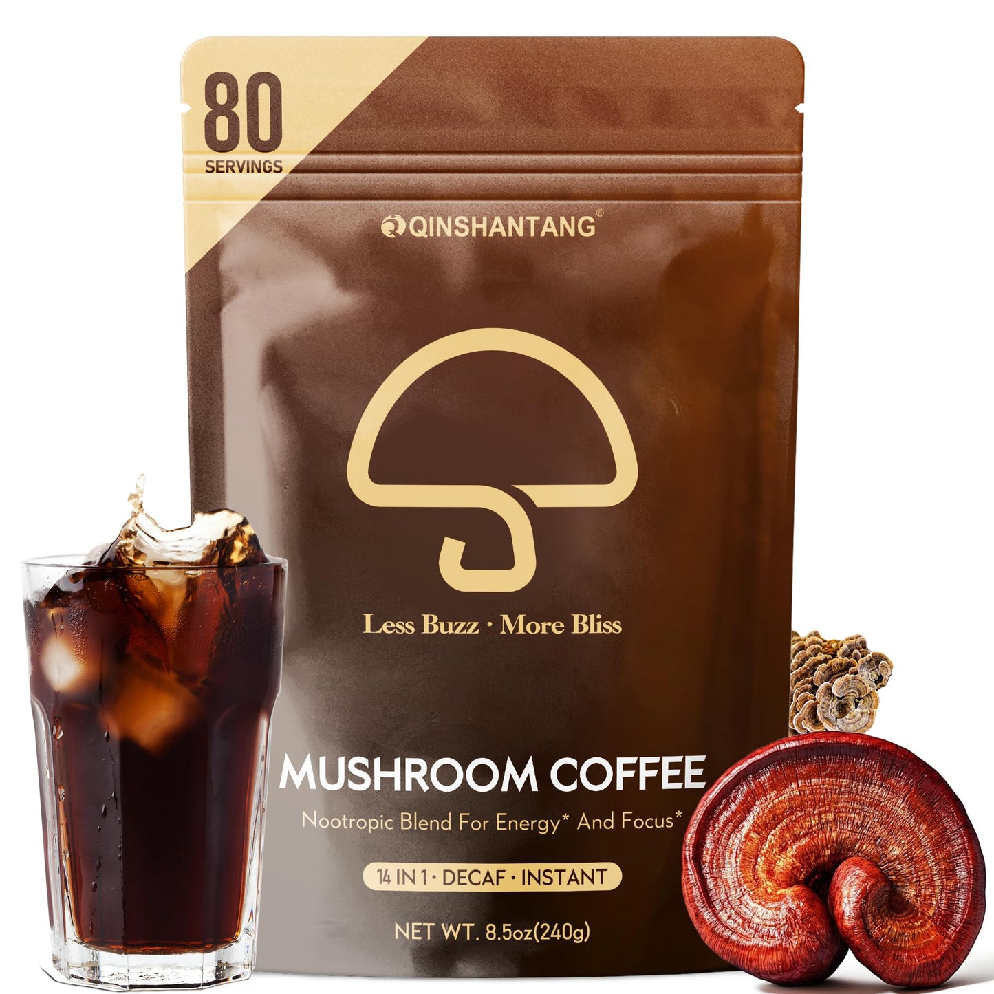 Decaf Mushroom Instant Coffee 14 Mushrooms dietary product Large 80 Servings | Lions Mane Reishi Chaga Cordyceps Shiitake | Energy Focus Immunity | Decaffeinated Instant Coffee Powder 8.5 Oz