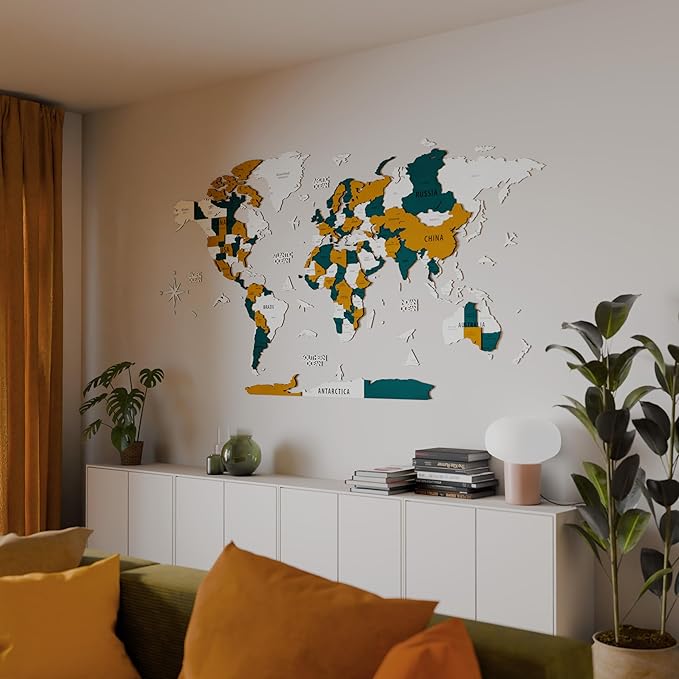 Colorfull Worlds 3D Wooden World Map Wall Art | Unique Wall Decor with Pins for Travel Enthusiasts | Home and Office Wall Décor | Gold-Blue | XXLarge