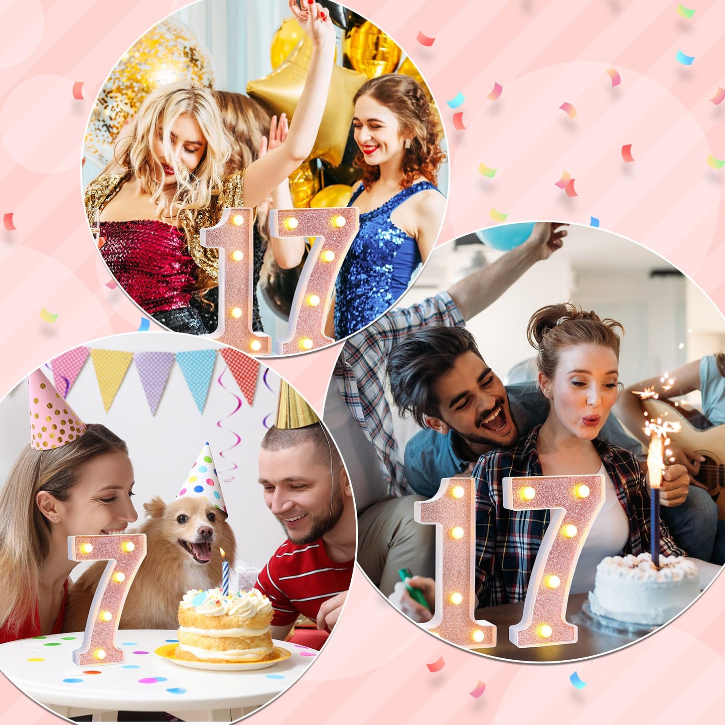 Treela 8.7 Birthday Decorative Led Light Up Numbers Glitter Marquee Number Sign For Night Birthday Party Decorations Anniversary Bar Led Sign Backdrop Wall Table Centerpieces(Number 7 Rose Gold)