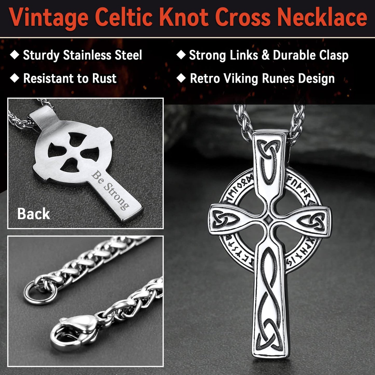 FaithHeart Celtic Knot Pendant Necklace Stainless Steel North Viking Cross Jewelry with Vintage Rune Design