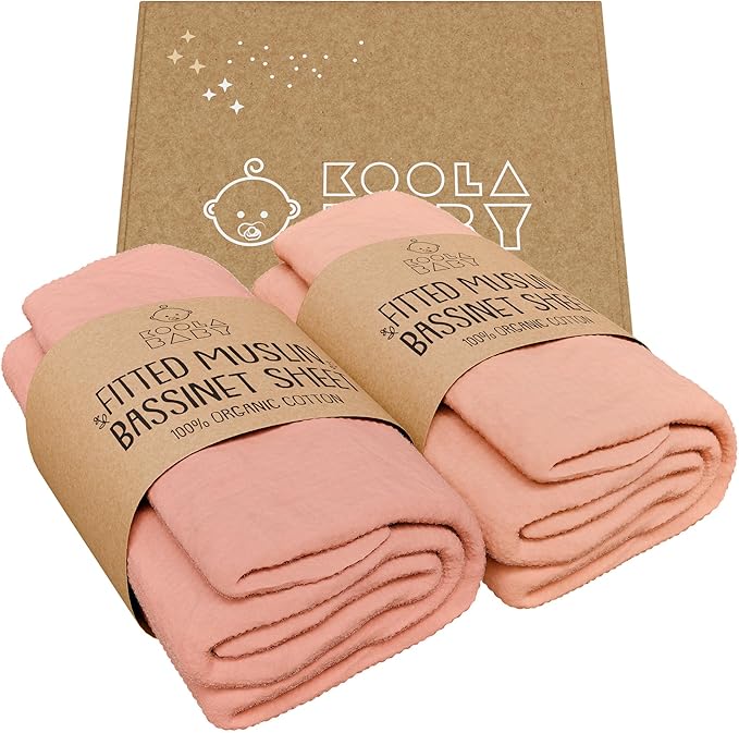 Bassinet Fitted Sheets - Compatible with Ingenuity Foldaway Rocking & Lullanight Soothing | 100% Organic Muslin Cotton - Light Pink + Dark Pink | 32x19 (2 Pack)