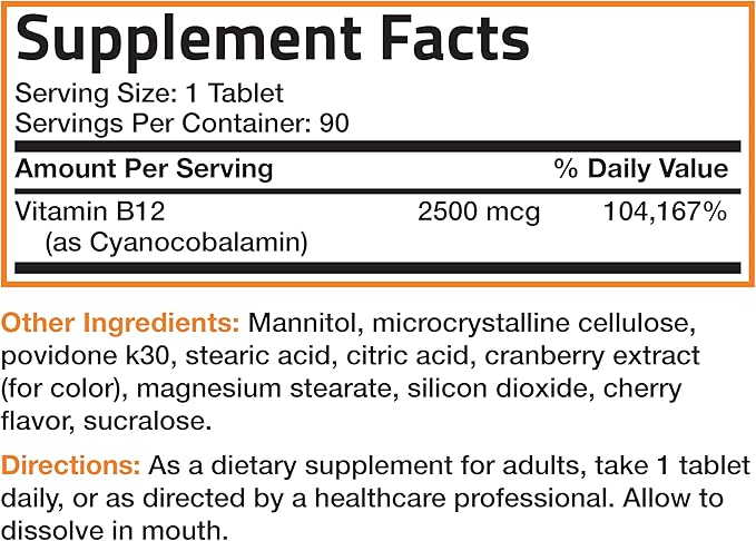 Vitamin B12 2500mcg Shot of Energy Fast Dissolve Chewable Tablets - Quick Release Cherry Flavored Sublingual B12 Vitamin - Supports Nervous System, Healthy Brain Function Energy Production – 90 Count