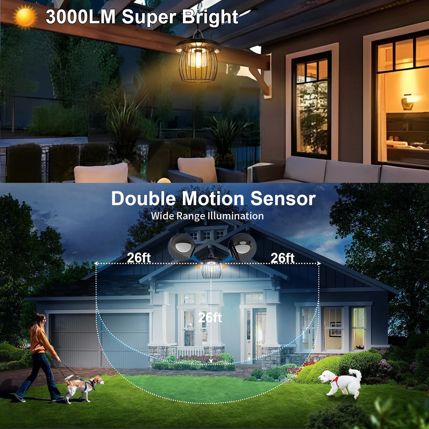 Ladate Solar Shed Lights with 2 Motion Sensors, Waterproof Pendant Lamp, 5 Lighting Modes, 16.4FT Cord, 2 Pack, Cage 2 Pack