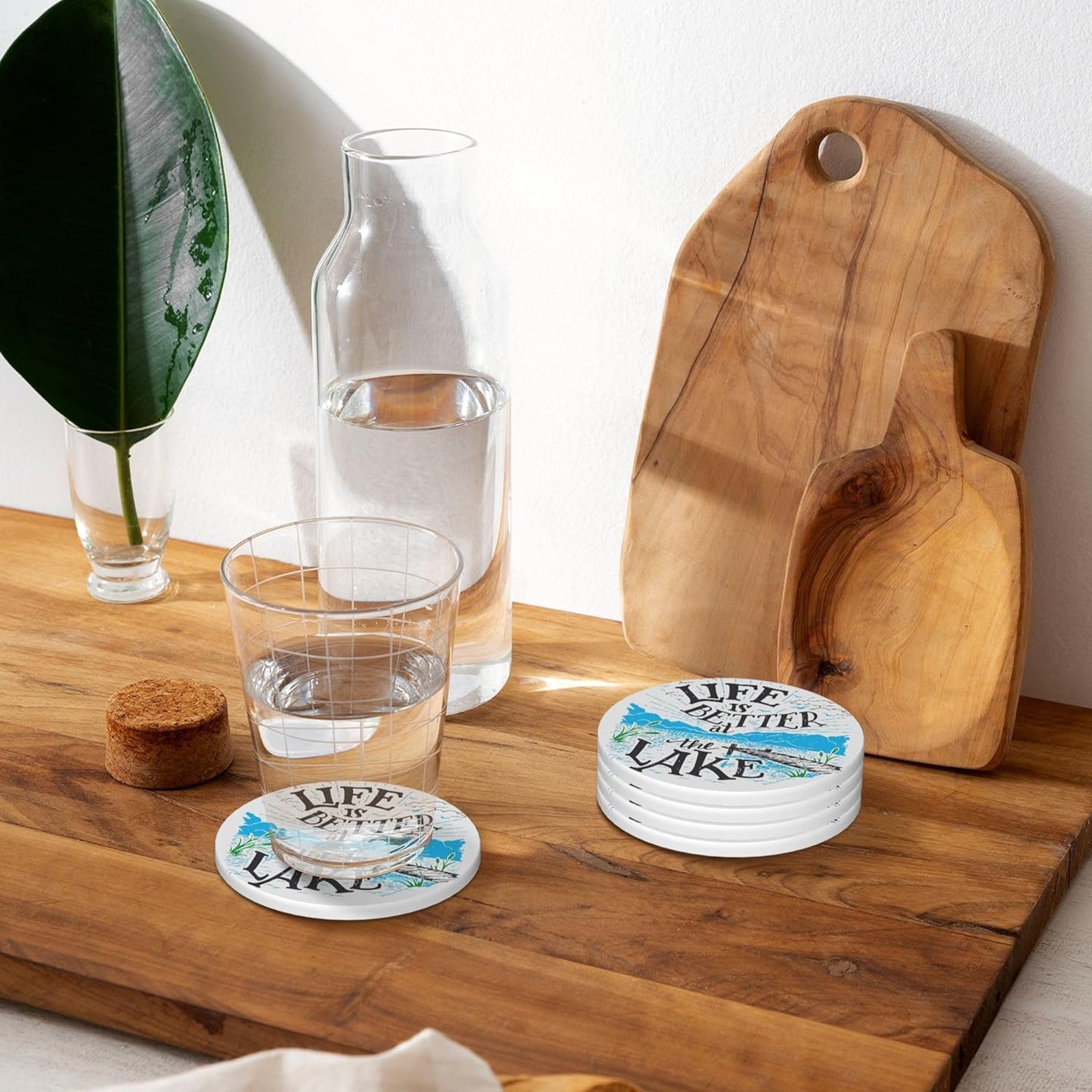 Life is Better Lake Coasters for Drinks Set of 4, Absorbent Ceramic Drink Coasters for Coffee Table Wooden Table Cup Bar, 4 Inches