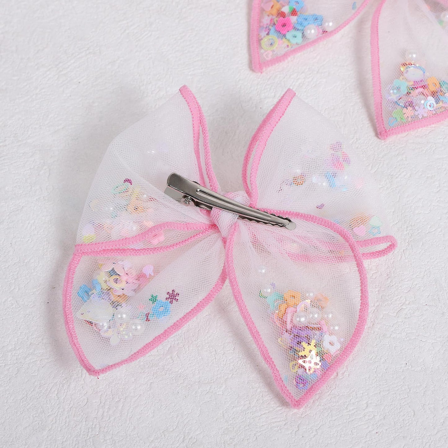 4 Pink Floral Mesh Ribbon Hair Bow Clips for Girls, 2pc Flower Shaker Fable Bow Alligator Hairpins, Spring Summer Birthday Part