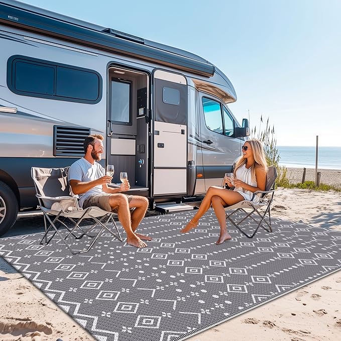 StepRite 4’ x 6’ Reversible Outdoor Rug, Waterproof Plastic Straw Rug, Patio Rug, Large Modern Area Rug Carpet, Indoor Outdoor Rugs for Camping, Porch, Deck, Balcony, Backyard, RV, Picnic(Grey)