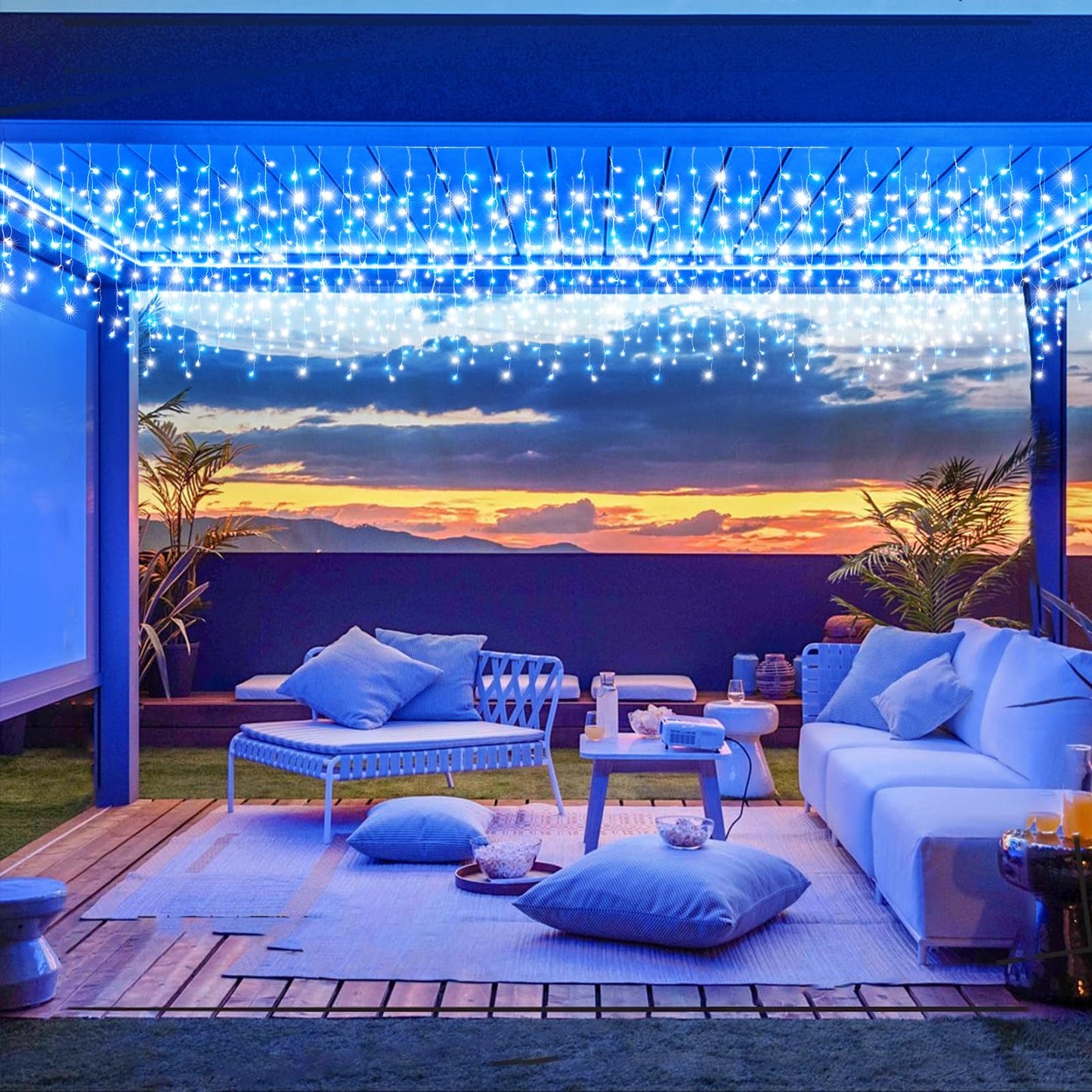 132Ft Icicle Lights For Outside Blue And White Christmas Lights Outdoor Indoor 1280 Led Twinkle String Light With 240 Drops Curtain Light For Thanksgiving Room Home Wall Bedroom Window Decoration
