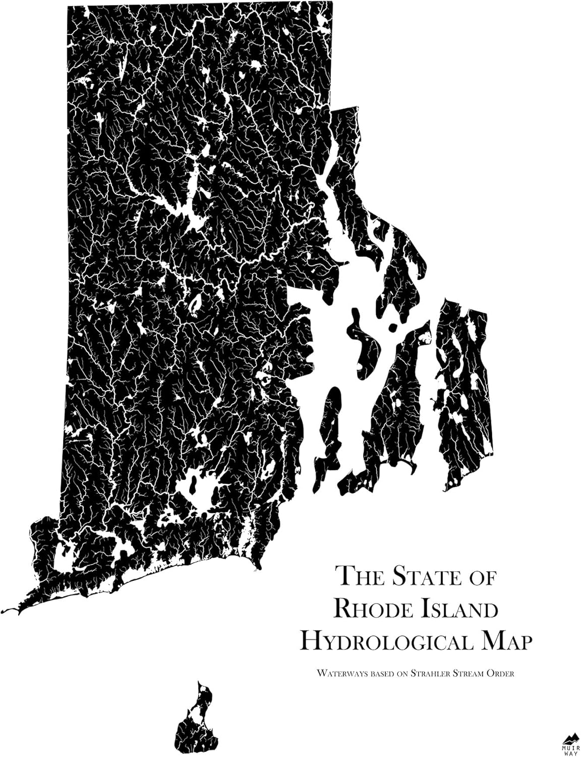 Muir Way Hydrological River Map of Rhode Island - Watershed Topographic Wall Art for Home, Office, or Travel Decor - Unframed Flat Paper Print, 18x24
