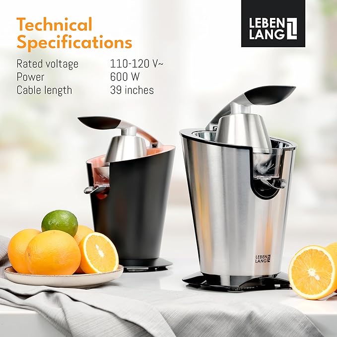 LEBENLANG Electric citrus juicer with high juice yield | Orange juicer squeezer 200W + 2 cones I Exprimidor de limones electrico Small juicers machine mini for citrus lemon Esprimidoras naranjas jugo