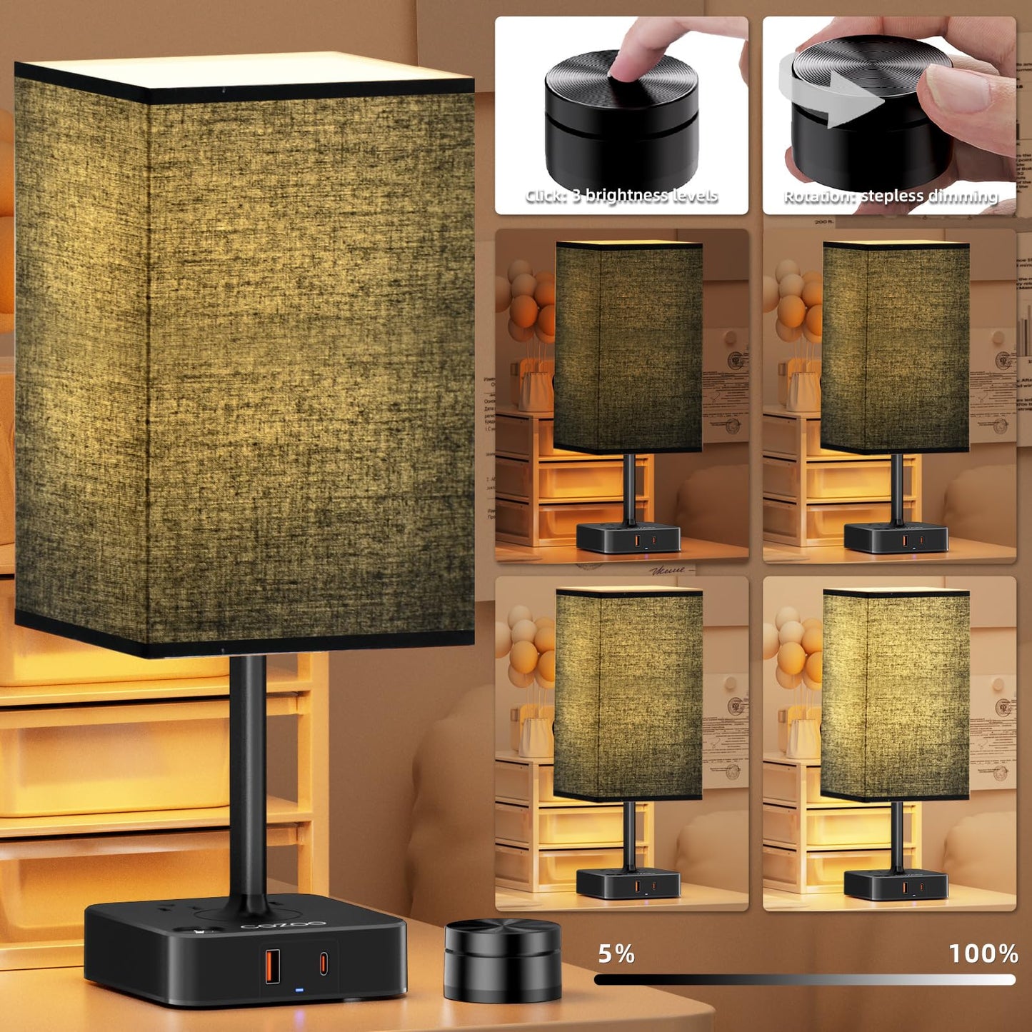 cozoo Table Lamp with Remote Control, Dimmable, USB C+A Charging, 2 AC Outlets, Standard Size, Black Shade, Model MC018S