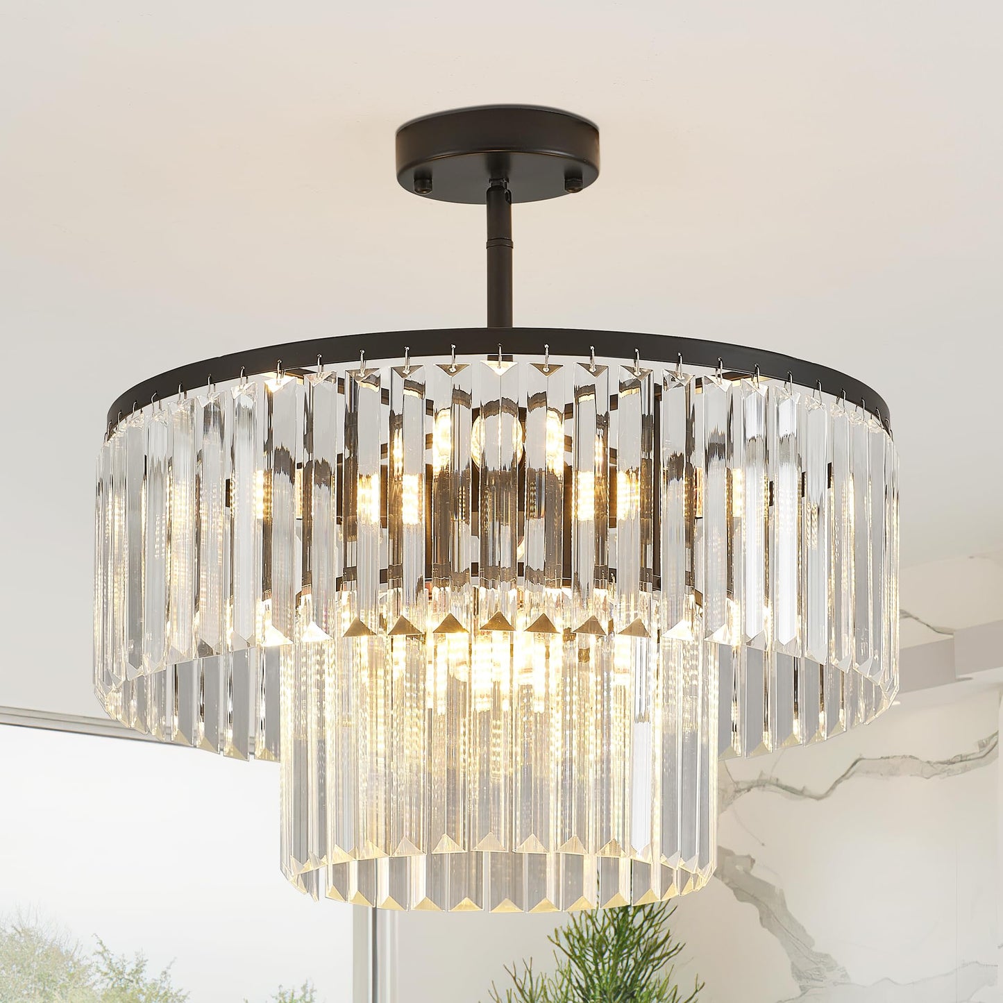 Lighceac 17.7 Black Semi Flush Mount 2-Tier Crystal Ceiling Light Fixtures For Dining Room Modern stylish 8-Light Chandeliers Lighting For Bedroom Entryway Hallway Kitchen Island Living Room Foyer