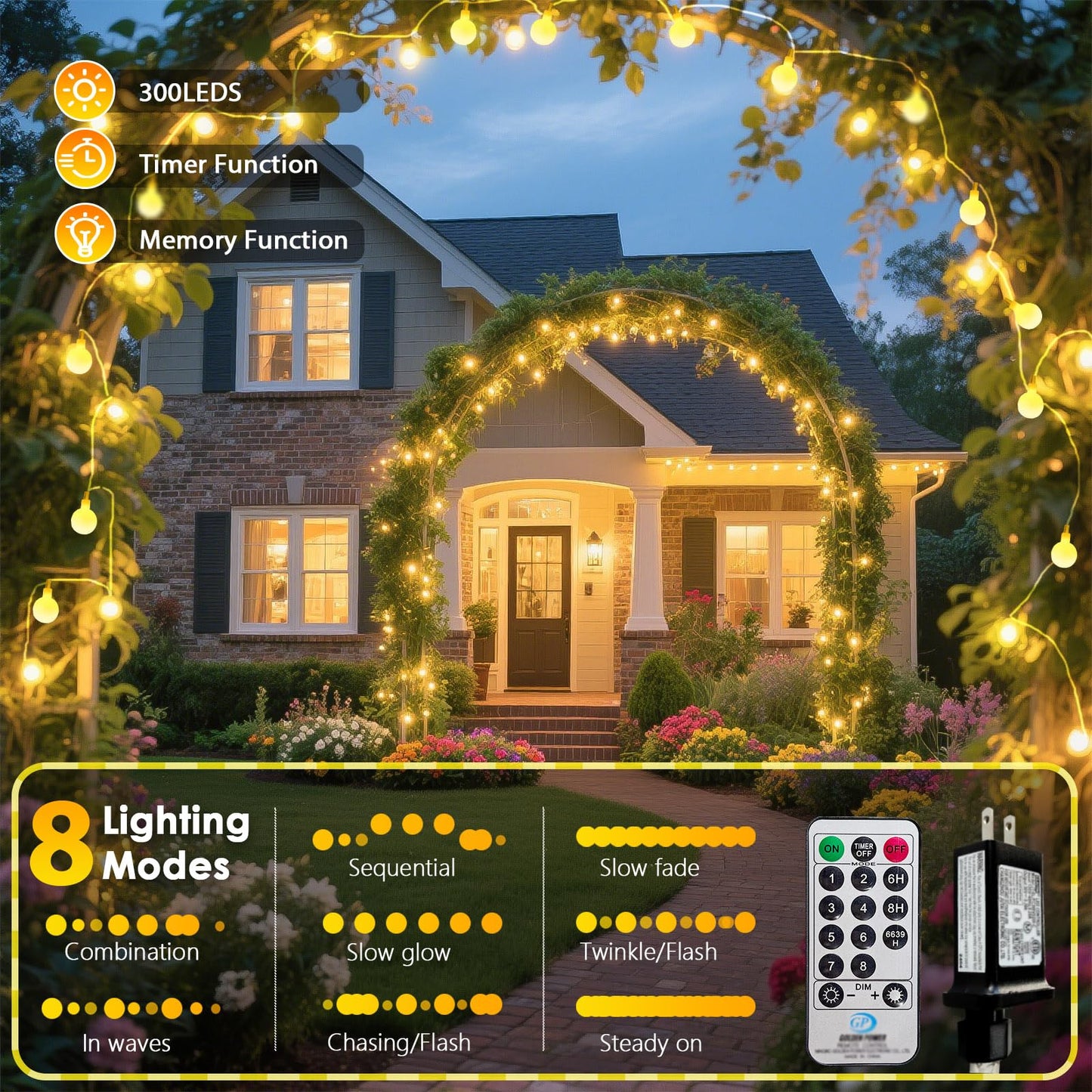 LORRYTE 300 LED Connectable String Lights, Warm White, 108ft, Waterproof, Remote & Timer, Model GP-SW290DC0209-IP44