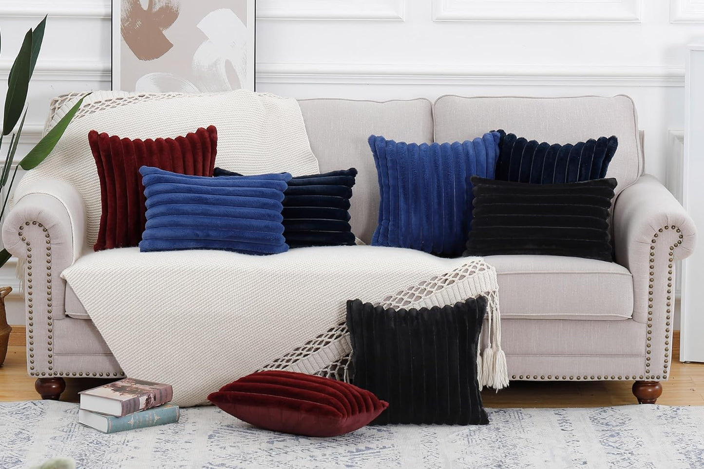 MADIZZ Set of 2 Faux Wool Plush Decorative Throw Pillow Covers 16x16 Inch Burgundy Fluffy Striped Soft Decorative Cushion Cover for Sofa Bedroom Pillow Shell