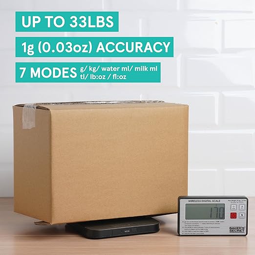 Baker's Secret Kitchen Scale 33lbs Wireless Display, 2X Magnets Support, USB-C Charging Compatible, Magnetic Conversion Chart Included, Extra Accurate and Easy to Use, Silver