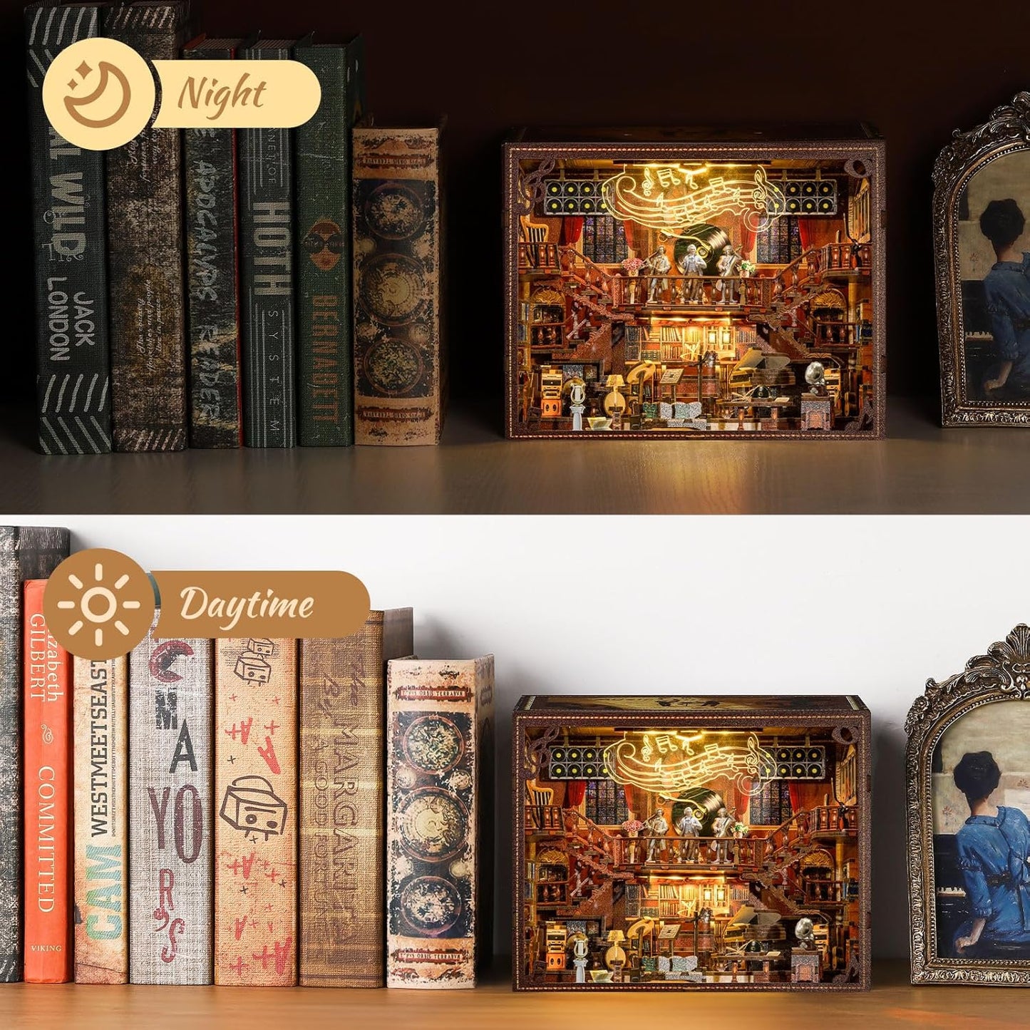 Book Nook Kit - 3D Wooden Puzzle for Adults and Teens, DIY Miniature Bookshelf Insert with LED Light, Ideal Gift for Family, Friends(Maestro's Study)