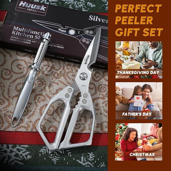 Huusk Kitchen Scissors and Potato Peelers Set, Multifunction Japanese Vegetable Peeler for Kitchen, Stainless Steel Cooking Shears with Fruit Peeler for Carrot, Veggie, Christmas Gifts for Women