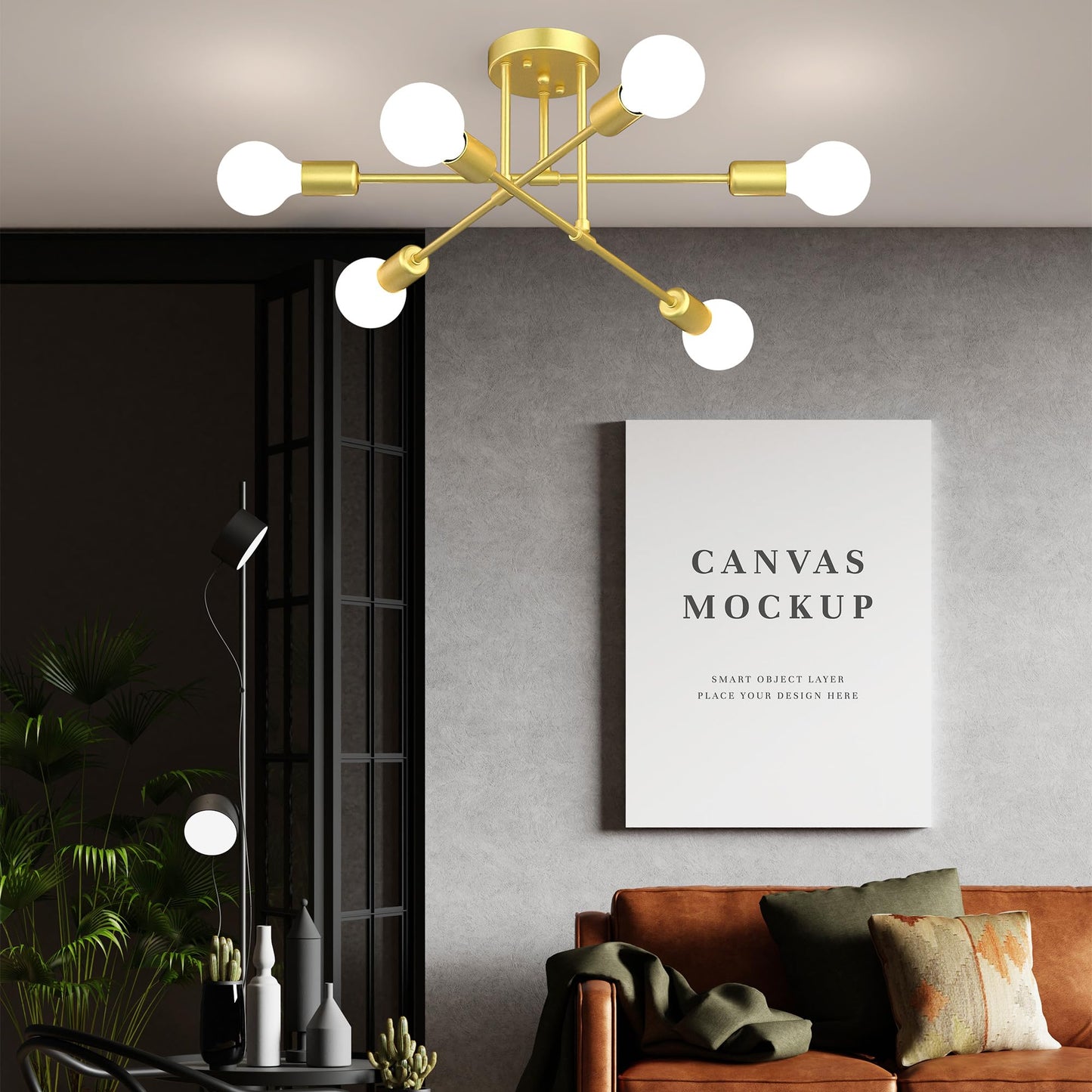 Phaosio Modern Sputnik Chandelier 6-Light 22 Semi Flush Mount Ceiling Light Fixture With E26 Base Mid Century Industrial Lighting For Bedroom Dining Room Living Room-Sparkling Gold