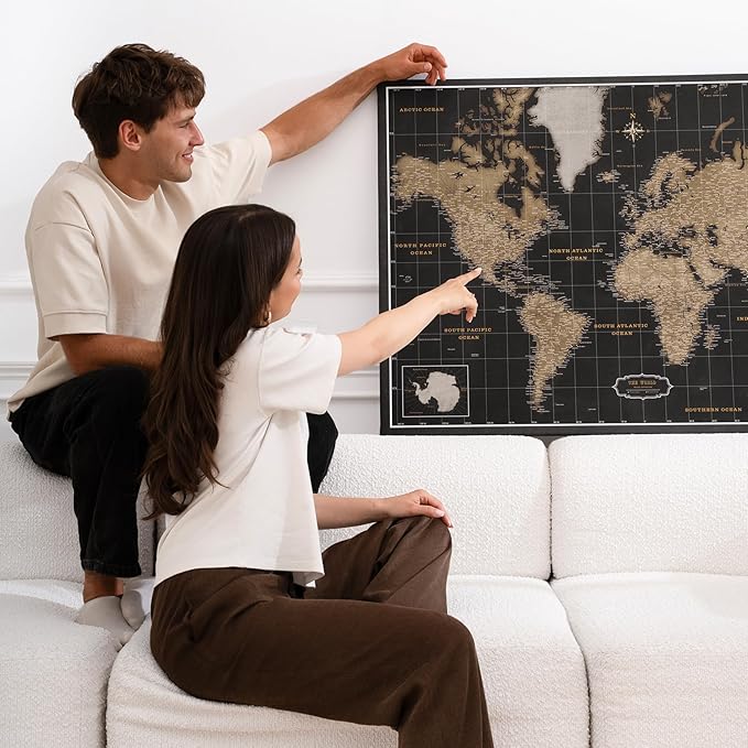 Canvas World Map with Cork Pin Board - English Lettering - Decorative Wall Decoration for All Rooms - Canvas Pictures with World Map Motif (70x50 cm, Pattern 6)