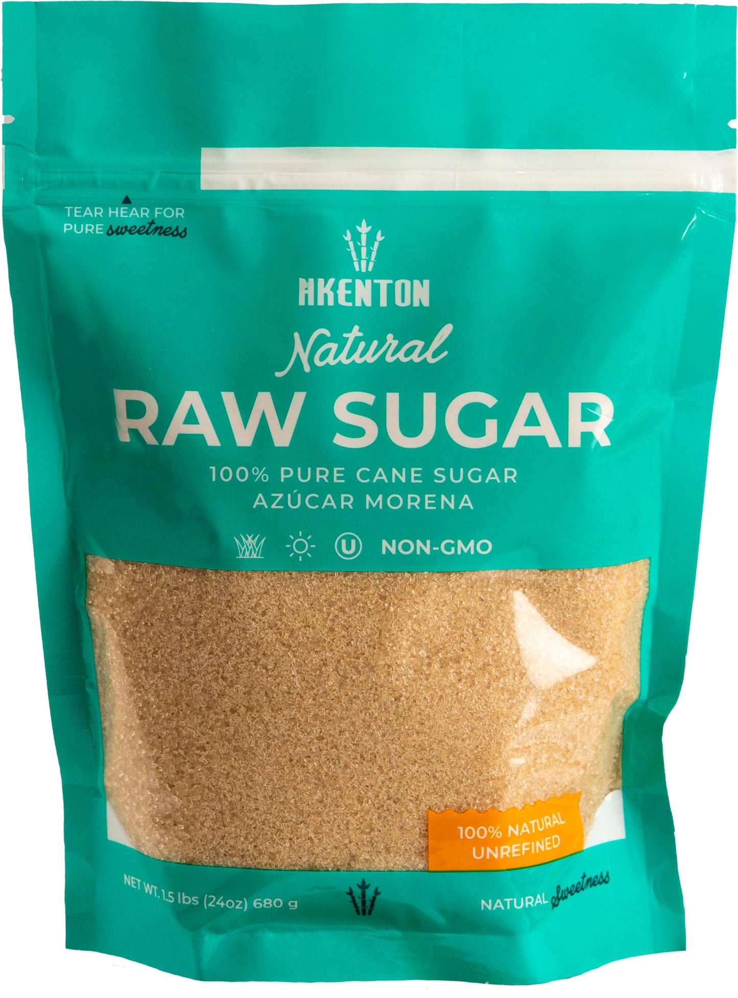Akenton Natural Raw Cane Sugar, 1.5 Pound Resealable Bag | 100% Natural, Unprocessed, Unbleached, Unrefined Sugar | Gluten-Free,
