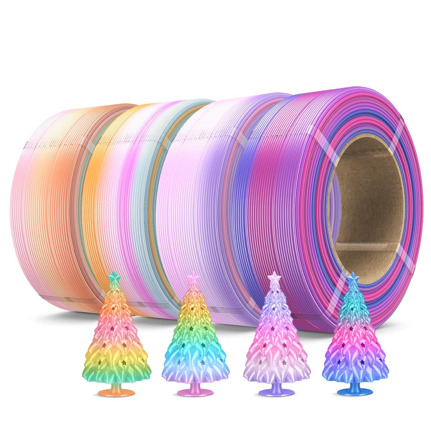 SUNLU 500g Silk Rainbow PLA Filament Refill Bundle, No-Spool Silk PLA Plus 3D Printer Filament 4 Packs, Compatible with Bambu La