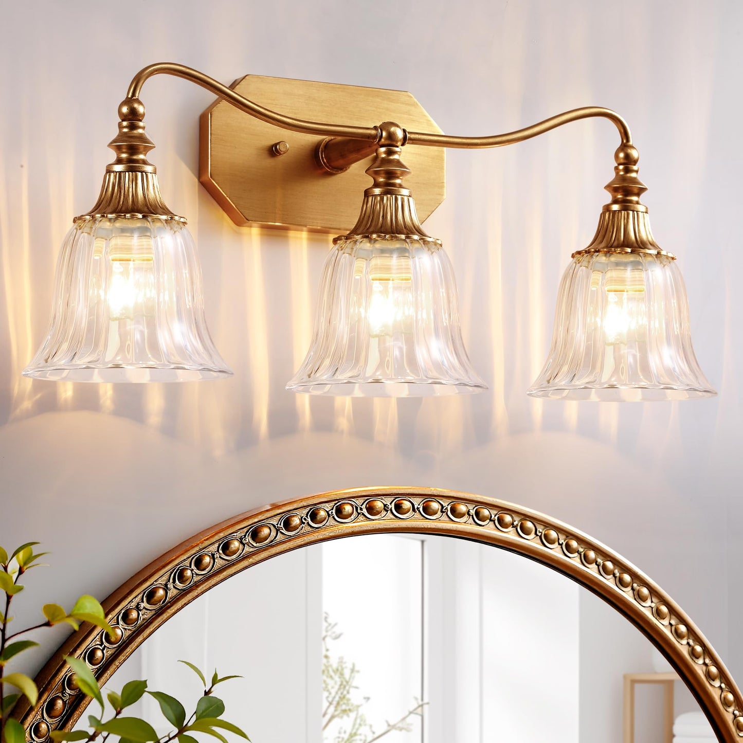 LmnLvn Bathroom Vanity Gold Light Fixture, 3 Lights Bathroom Lighting Matte Antique Brass Finish with Crystal Glass Shade, Gold