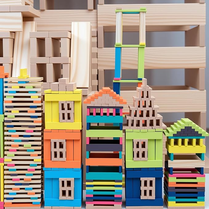 300pcs Open Ended Wooden Building Blocks for Kids 6.6lb, Natural Pine Rectangular Wood Building Toys,Construction Toys for Toddlers, STEM Building Set,Birthday Gift for Ages 3-8 (S 4.7"-Wood Color)