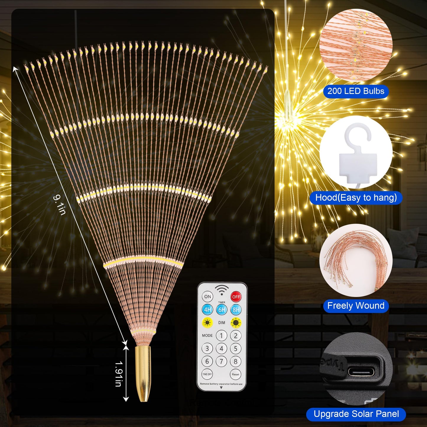 Solar Christmas Firework Lights Outdoor 5 Pack 1000Led Solar Starburst Lights With Remote 8 Modes Dimmable Waterproof Hanging Fairy Lights For Garden Patio Holiday Christmas Decor (Warm White)