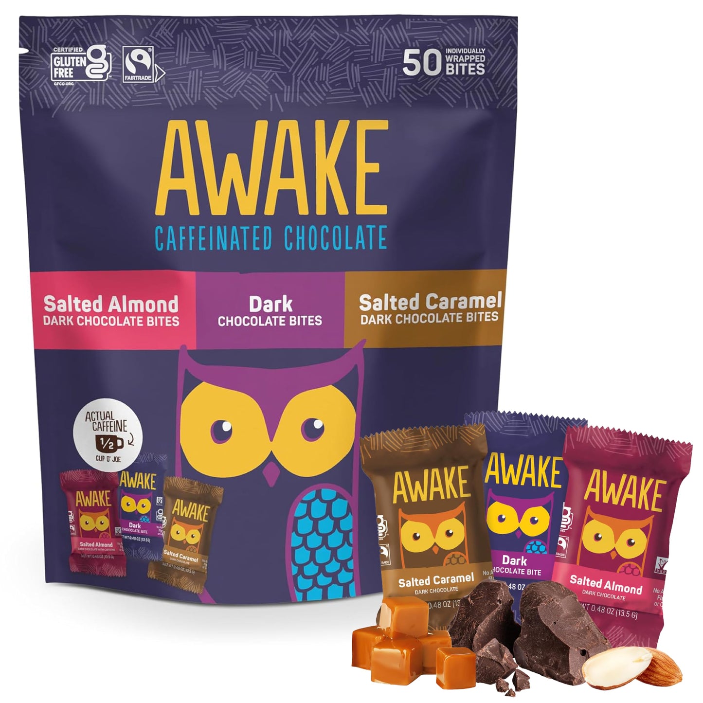 AWAKE - Caffeinated Chocolate Bites - Dark Chocolate Variety Pack (3 Flavors) 50 Bites - Dark Salted Almond & Salted Caramel - 50mg Caffeine - Coffee Alternative - Fairtrade Gluten Free - 0.48oz
