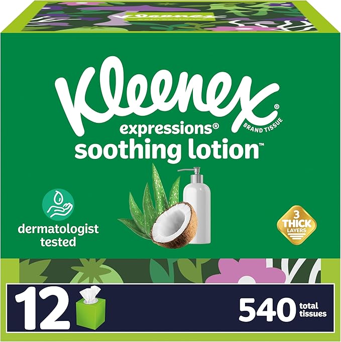 Kleenex Expressions Soothing Lotion Facial Tissues with Coconut Oil, 12 Cube Boxes, 45 Tissues per Box, 3-Ply, Packaging May Vary