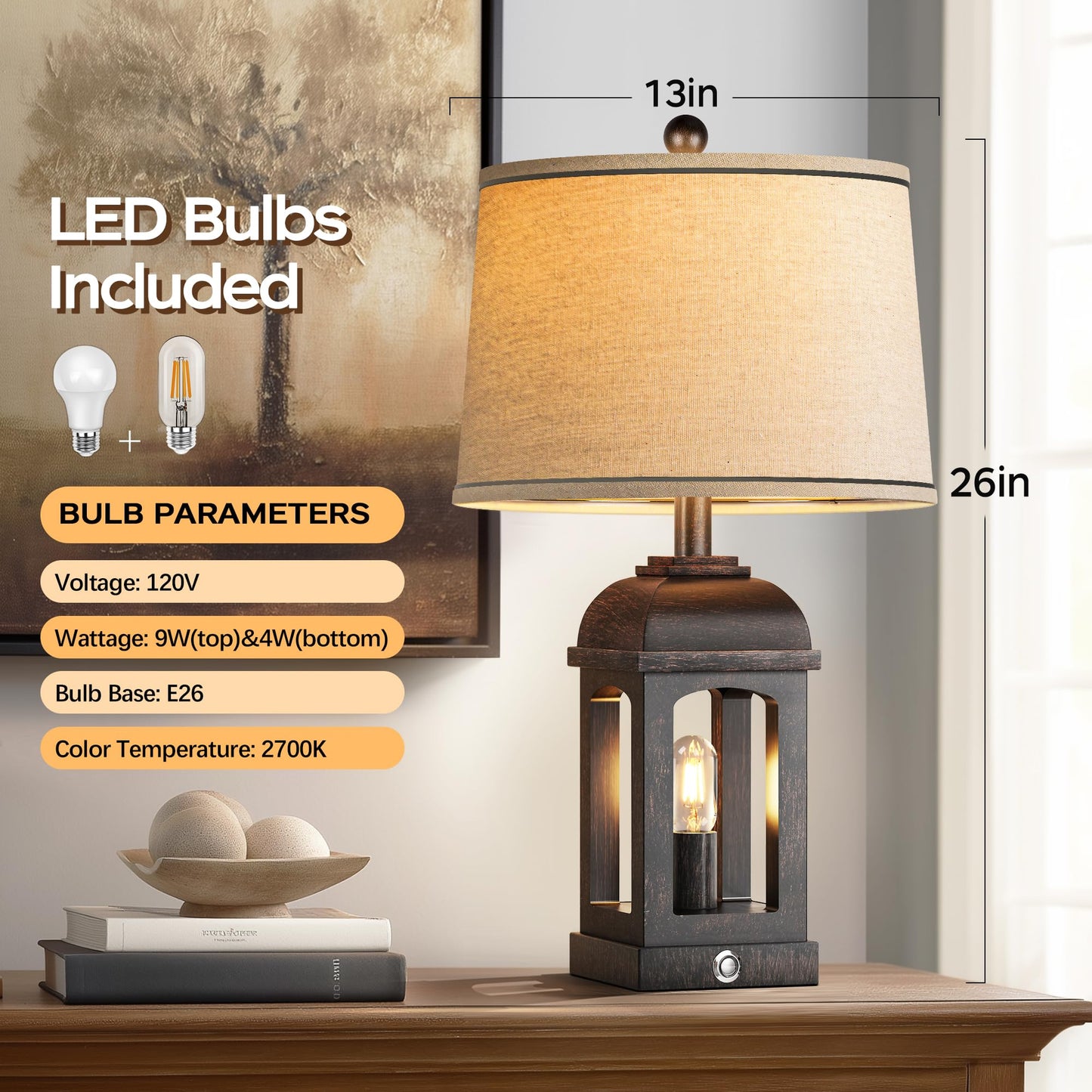 QiMH Table Lamp - 26in Rustic Nightstand Lamp, 3-Way Dimmable Touch Control, USB A+C, Bronze, 1 Pack