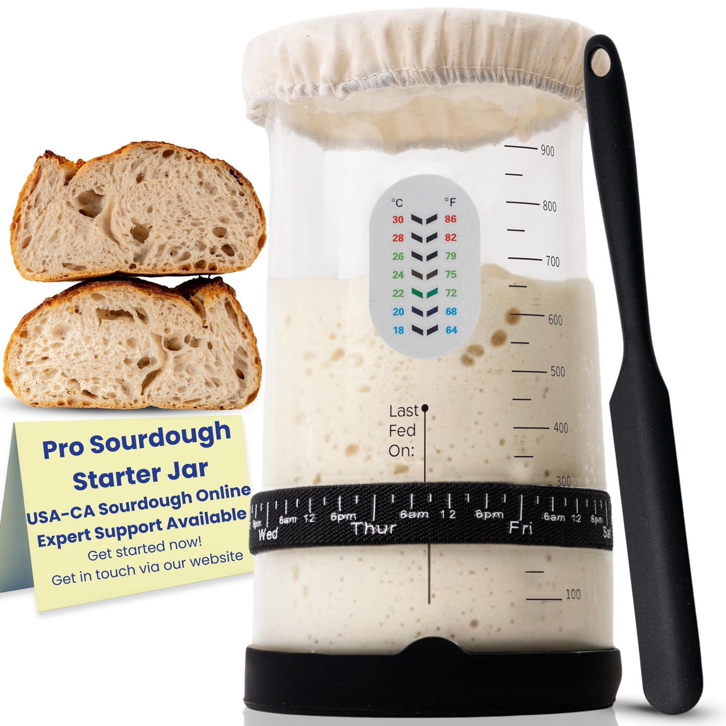 Pro Sourdough Starter Kit -37oz Wide Mouth Sourdough Starter Jar Kit for Bread - Large Glass Sourdough Jar Feeding Band Cloth Cover Spatula & Thermometer-Best Sourdough Bread Kit for Beginners
