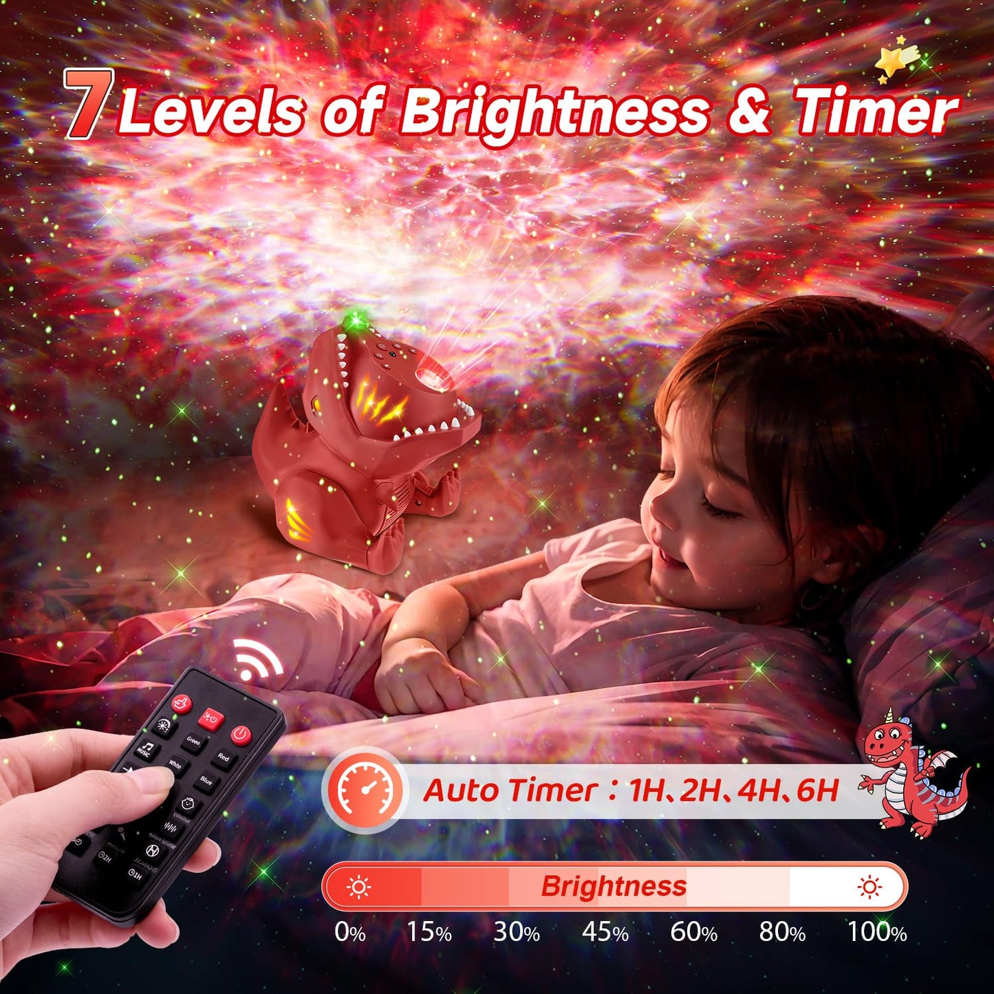PIKOY Dinosaur Night Light Projector with 22 White Noises, 316 Color Modes, Bluetooth Speaker - Red, Model WH-E23