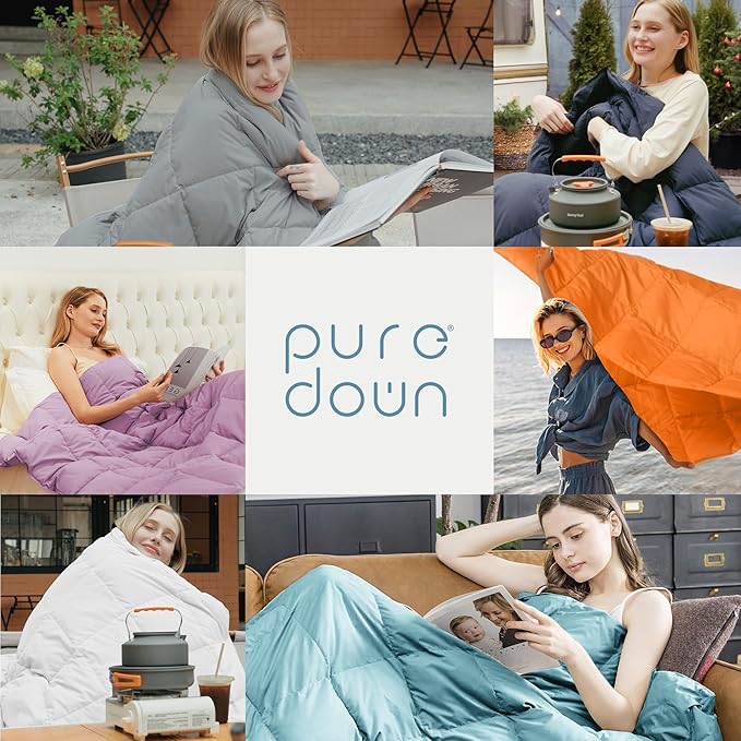 puredown® Upgraded Feather Down Throw Blanket – 12oz Enhanced Filling for Better Warmth & Comfort, Lightweight & Packable, 50"X70", Blue