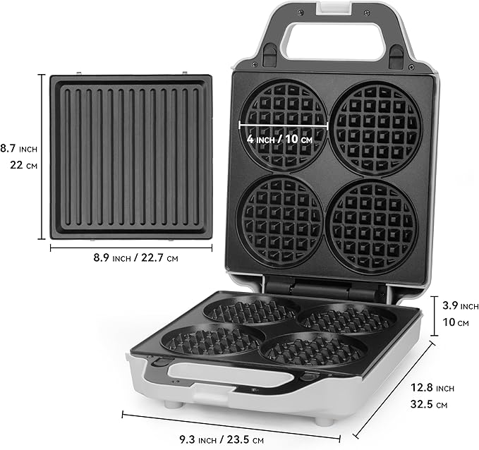 2 in 1 Mini Waffle Maker with Removable Plates, Panini Press Sandwich Maker, Sandwich Press, Waflera Electrica, Sandwichera Electrica, 4 X 4 Inch Classic Waffle Maker for Kids, White