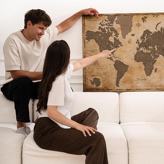 Canvas World Map with Cork Pin Board - English Lettering - Decorative Wall Decoration for All Rooms - Canvas Pictures with World Map Motif (90x60 cm, Pattern 1)