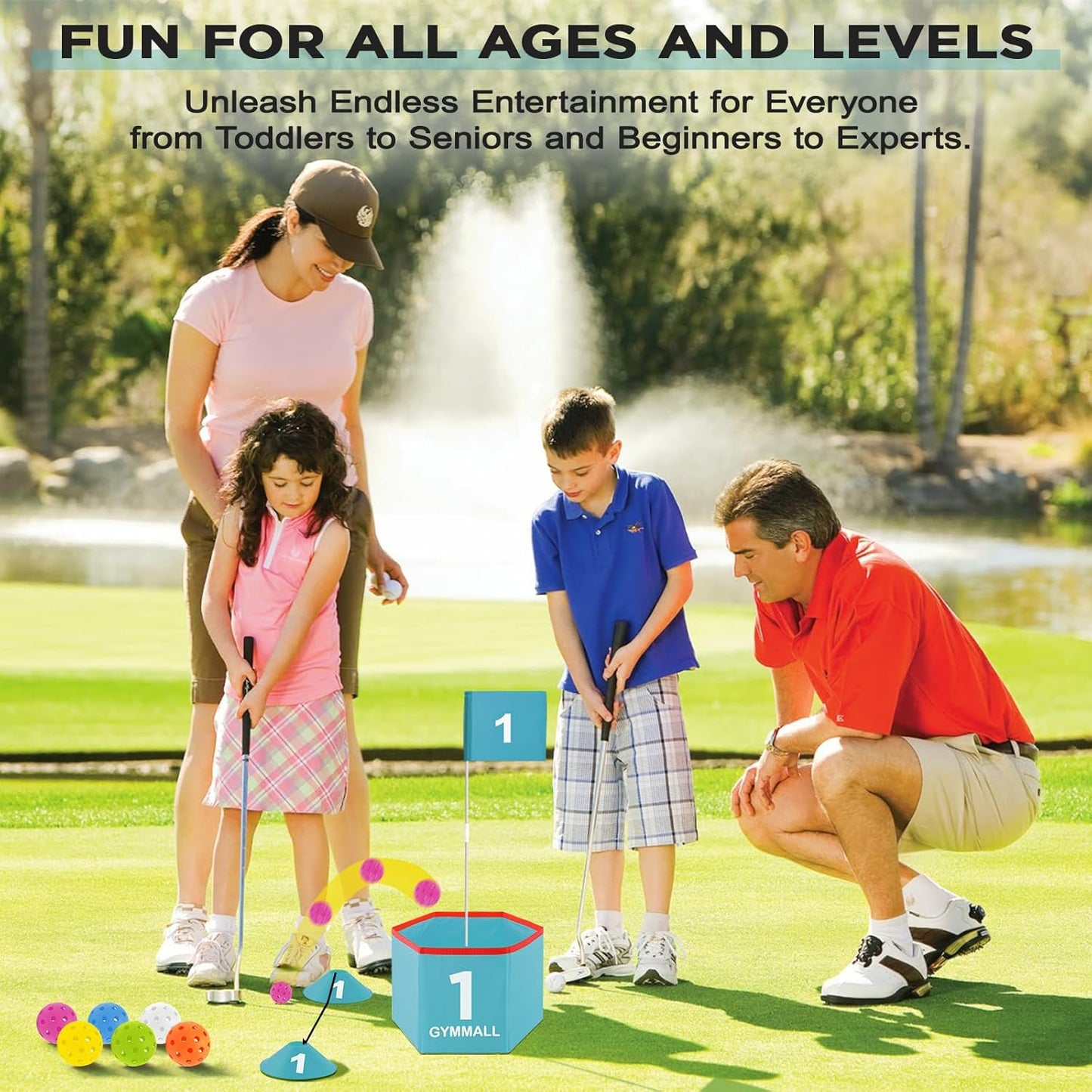 Golf Bucket Yard Game - Backyard Set for Kids, Adults and Family - Outdoor and Indoor Portable 9 Holes Course With Balls, Flags and Carry Bag for Lawn, Park, Beach and Hotel - Blue