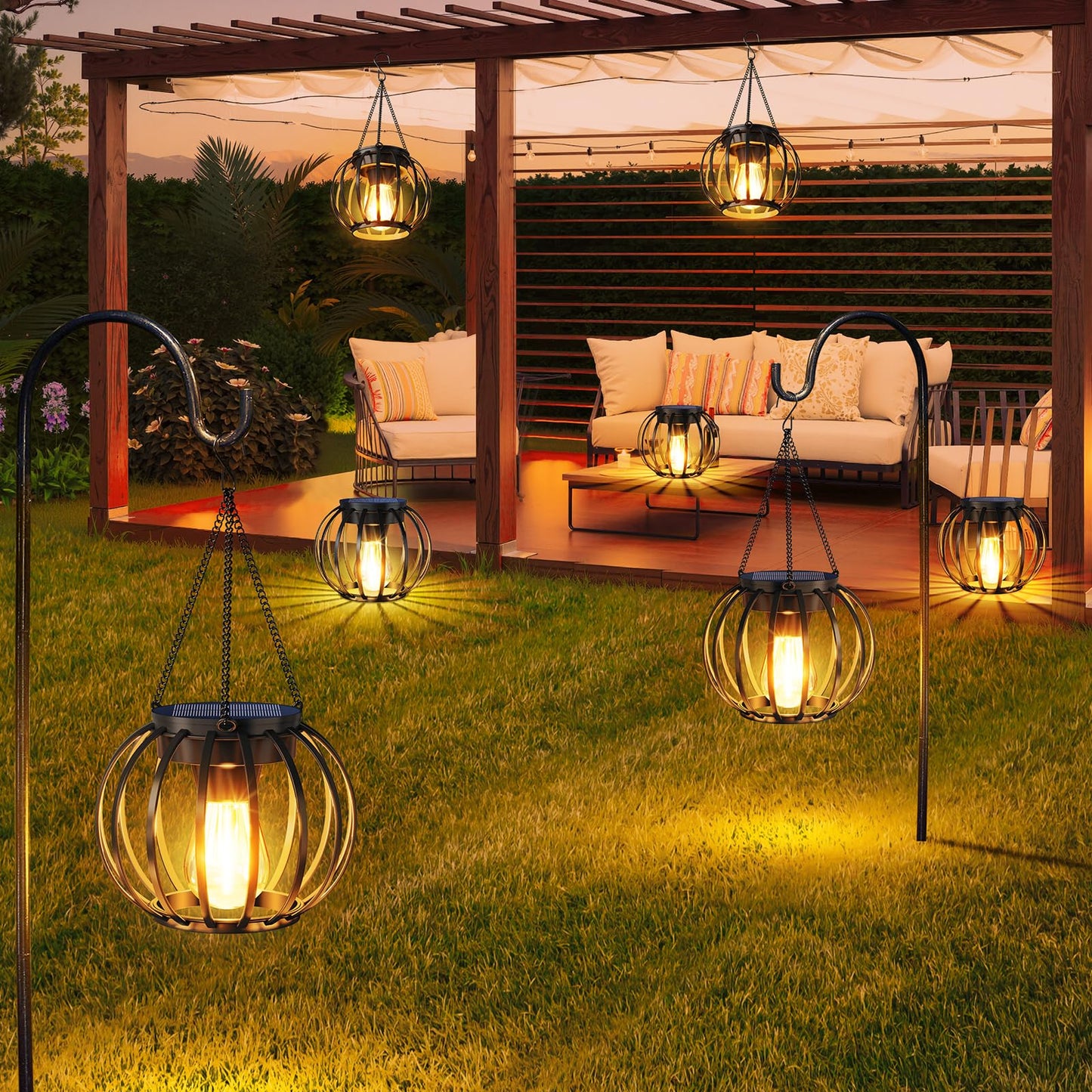 Aounq Solar Lanterns Outdoor Waterproof 2 Pack 14.37 Metal Hanging Solar Lights For Outside With Auto On/Off & Hook - Brighter Hanging Outdoor Lanterns Decorative Lighting For Garden Patio Yard