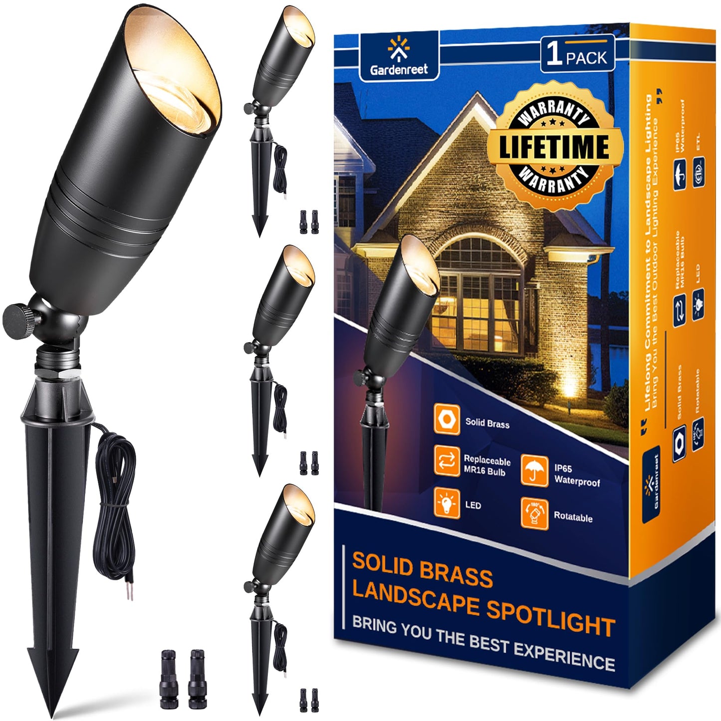 Gardenreet Brass Landscape Lighting - Black Low Voltage Spotlights Outdoor LED, 12V Wired Uplights, Waterproof Spot Lights, Adju