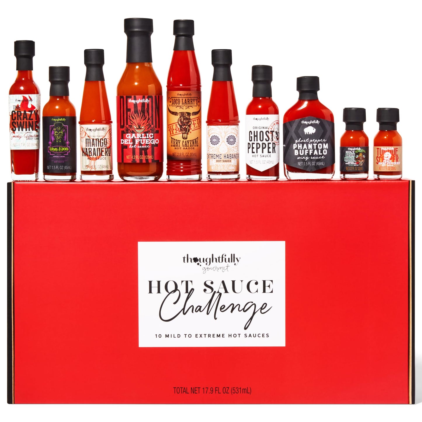 Thoughtfully Gourmet Hot Sauce Challenge Set Hot Sauce Variety Pack Includes Hot Sauces from Mild To Extreme Flavors Unique Gifts for Men Set of 10