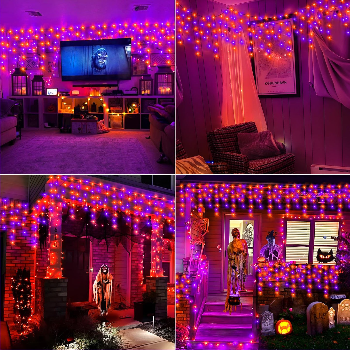 KNONEW Outdoor Halloween String Lights, 33FT 400 LED, Orange Purple, Black Wire, 8 Lighting Modes, Timer, Model KN-1000-LIG168-01