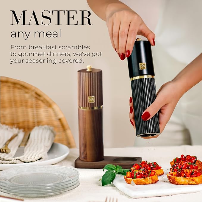 Wooden Salt and Pepper Grinder Set – Refillable Manual Salt and Pepper Mills with Adjustable Ceramic Burrs, Gold Detailing, and Acacia Wood Stand – Ideal Kitchen Gift