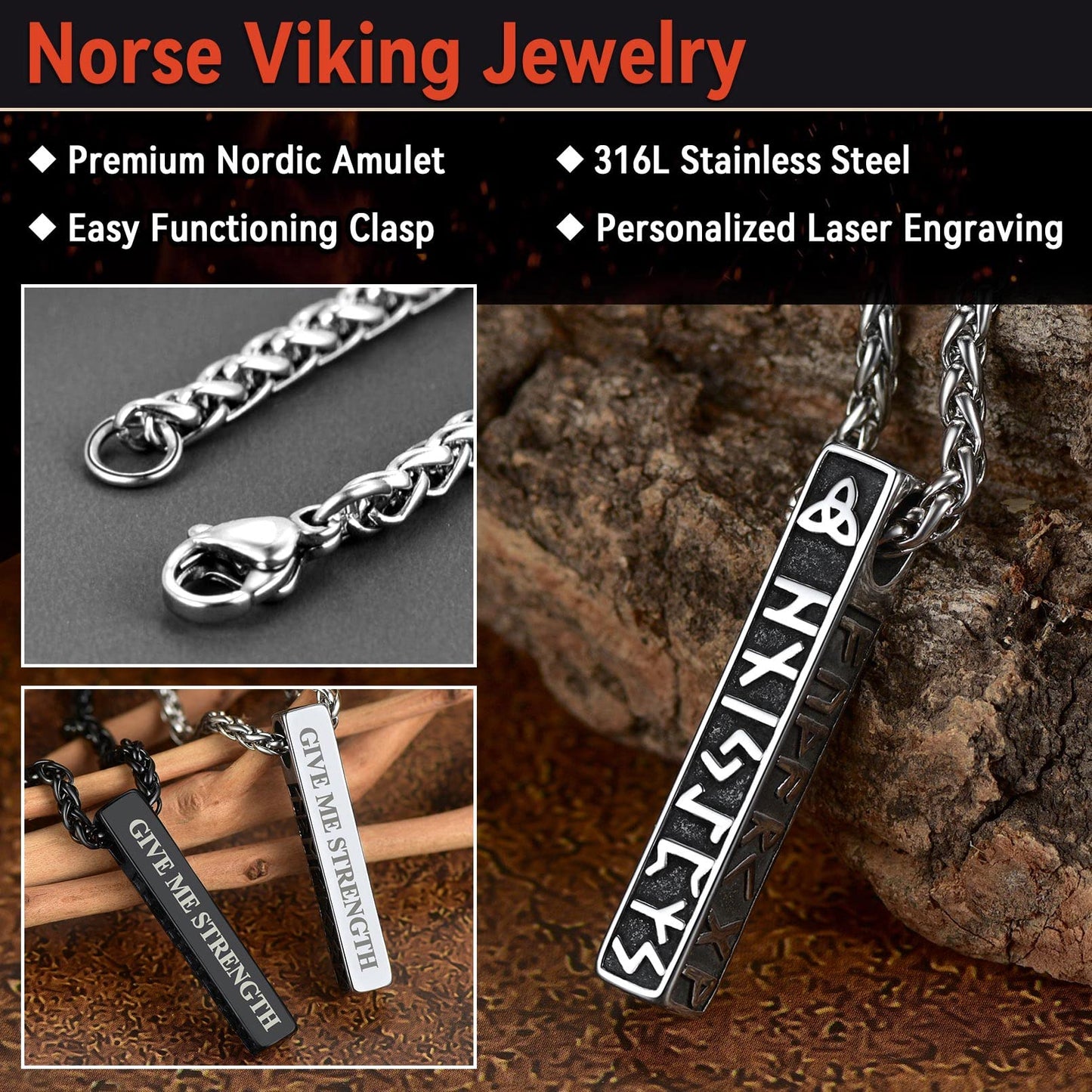 FaithHeart Nordic Rune Pendant Necklace Leather Chains Vertical Bar Viking Runes Pendant for Male