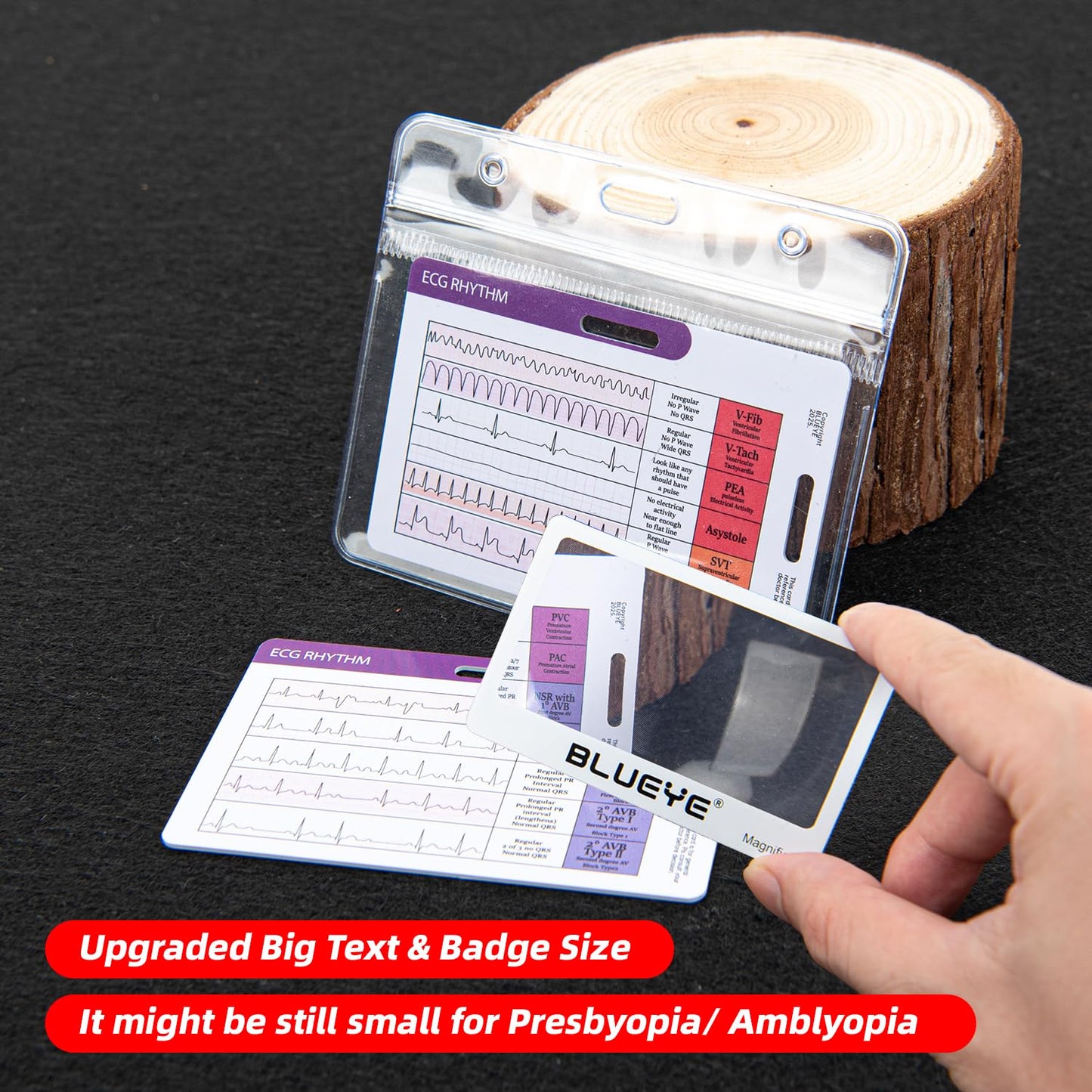 EKG Rhythm Interpretation Card-with 3X Pocket Magnifier &Badge Holder- Quick ECG Reference Guide for KardiaMobile- Durable Plastic-Nurse Gifts-for Horizontal & Vertical-2 Cards Upgraded Bigger Text
