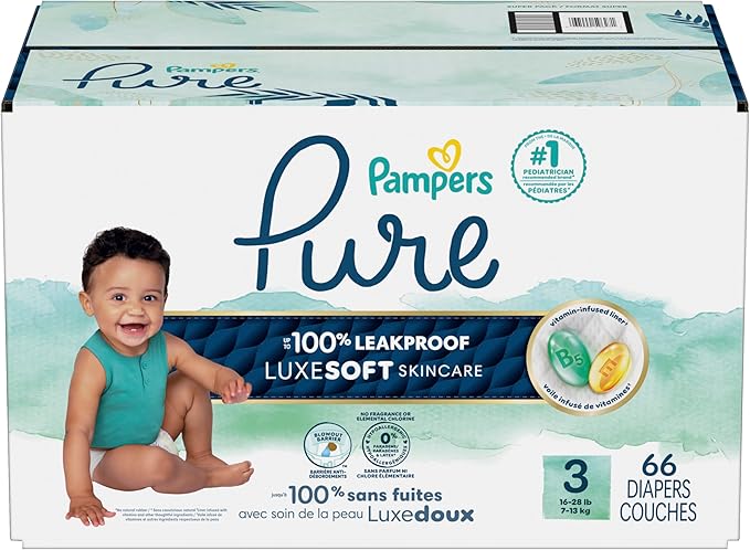 Pampers Pure Protection Baby Diapers, Size 3 (16-28 lbs), 66 Count, Up to 100% Leakproof, Premium Plant-based Skin Protection, Hypoallergenic Soft Diapers