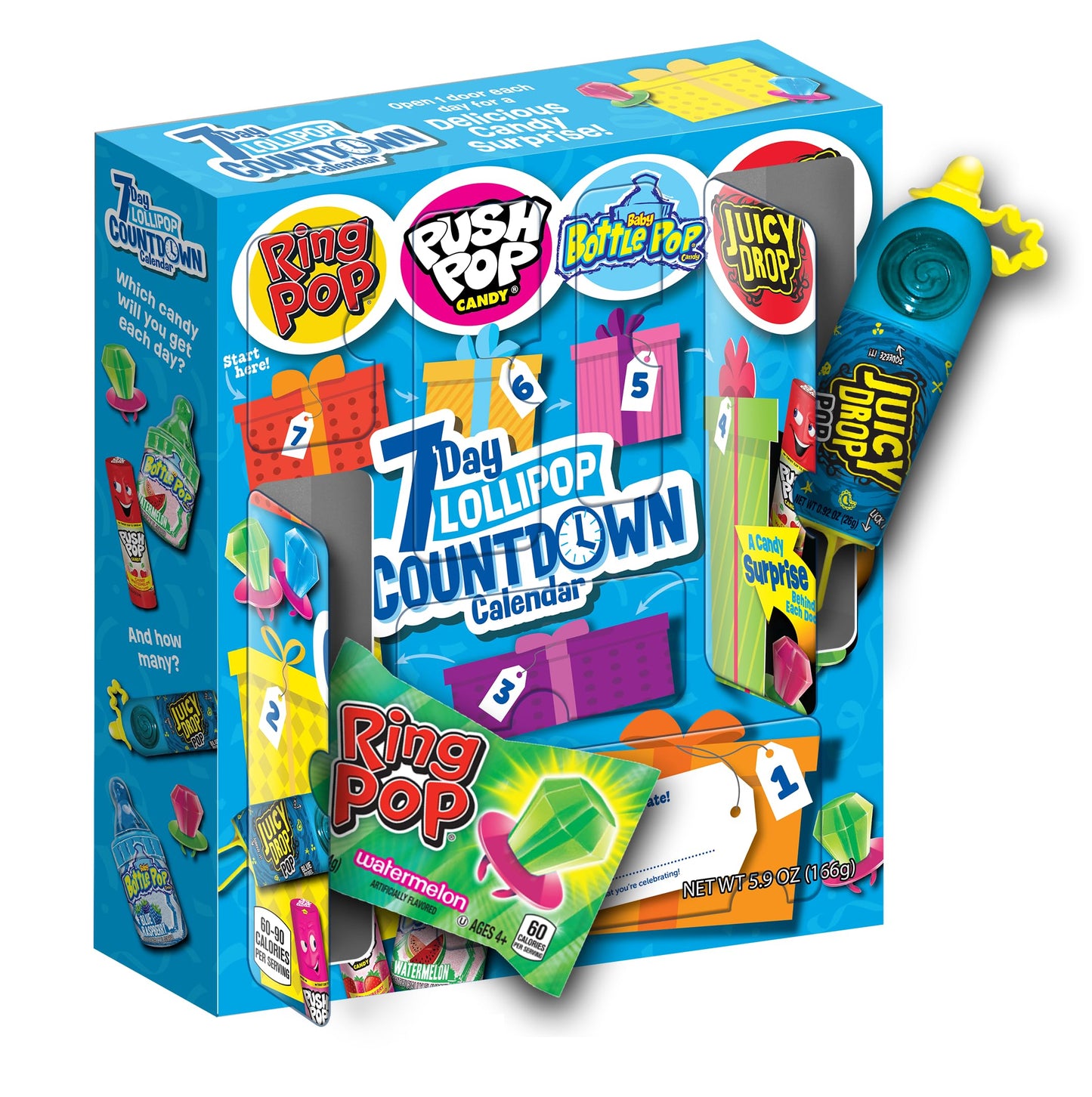 Bazooka Brands 7 Day Christmas Candy Countdown Calendar, Advent Calendar with Full-Size Hard Candy Lollipops, Ring Pop, Push Pop