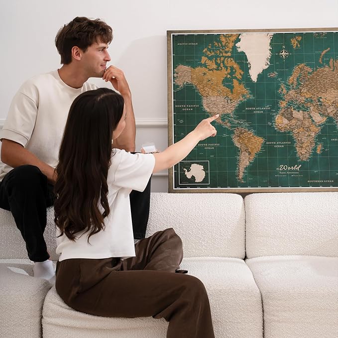 Canvas World Map with Cork Pin Board - English Lettering - Decorative Wall Decoration for All Rooms - Canvas Pictures with World Map Motif (150x100 cm, Pattern 4)