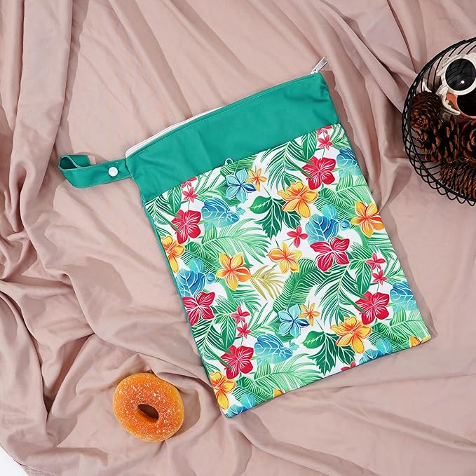 2pcs Wet Bags Waterproof Reusable Wet Dry Bag with Two Zippered Pockets Travel Beach Pool Daycare Yoga Gym Bag for Baby Cloth Diaper,Swimsuits,Wet Clothes (Flowers & Fruits)
