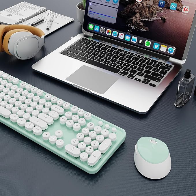 Wireless Keyboard and Mouse Combo, Ergonomic Full Size Typewriter Retro Round Keycaps Keyboard, Compatible with Windows, PC, Perfer for Home and Office Keyboards(Green)