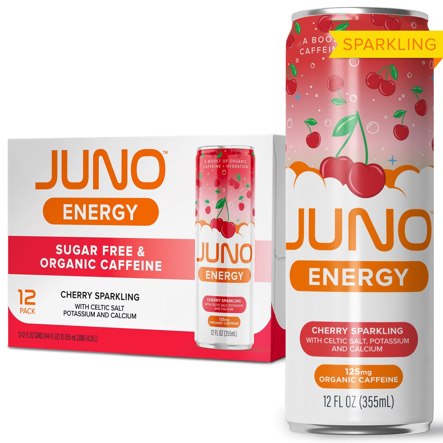 JUNO ENERGY Organic Cherry Sparkling Drink - Sugar Free Electrolytes Energizing and Hydrating with 125mg Organic Caffeine from Green Coffee Beans Organic Monk Fruit Organic Sour and Black Cherry Juice & Electrolytes - Vegan Gluten Free 12 Pack